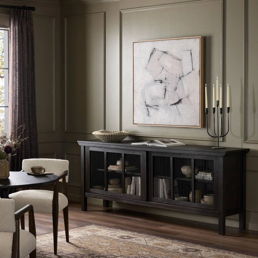 Tuscola Sideboard by Four Hands in smoked black, black paper cord. Made from solid oak, rush in a unique style.