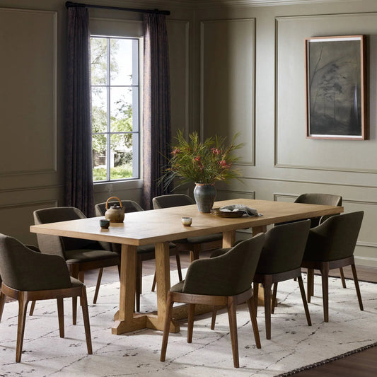 Indie Dining Table by Four Hands in light weathered oak veneer. Made from thick oak veneer, solid oak in a transitional style.