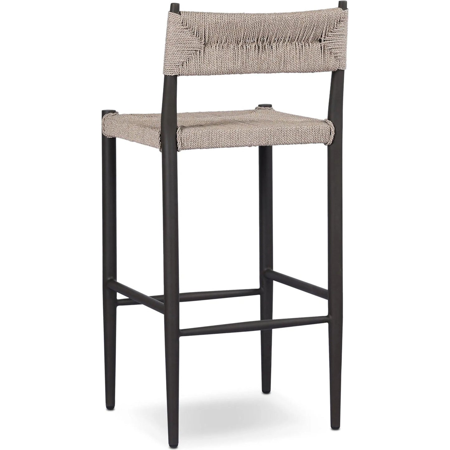 008 SI-2377055 | Closeup | Lomas Outdoor Bar Stool by Four Hands in textured dune, bronze. Made from 100% polyethylene, iron in a unique style.