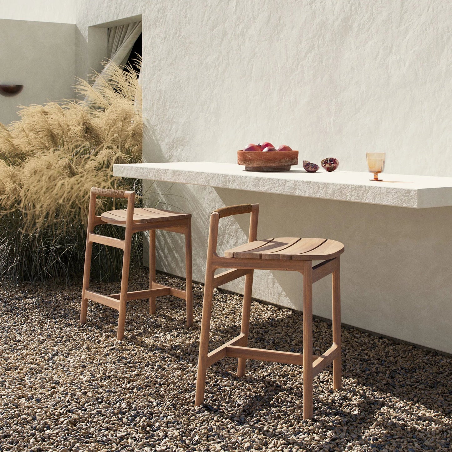 009 SI-2446515 | Lifestyle | Baden Outdoor Counter Stool by Four Hands in textured sand, fine sanded teak-fsc. Made from 100% polyethylene, solid fsc®-certified teak in a transitional style.