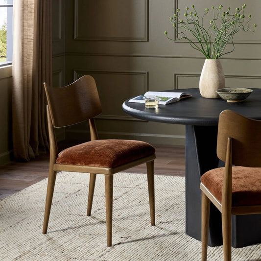 Marley Dining Chair by Four Hands in altair sienna, tan oak, tan oak veneer. Made from 100% polyester, solid oak, oak veneer in a transitional style.