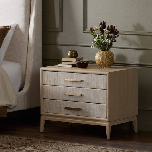 Rosenell Closed Nightstand by Four Hands in natural oak veneer, natural paper cord, natural oak solid. Made from oak veneer, rush, solid oak in a transitional style.