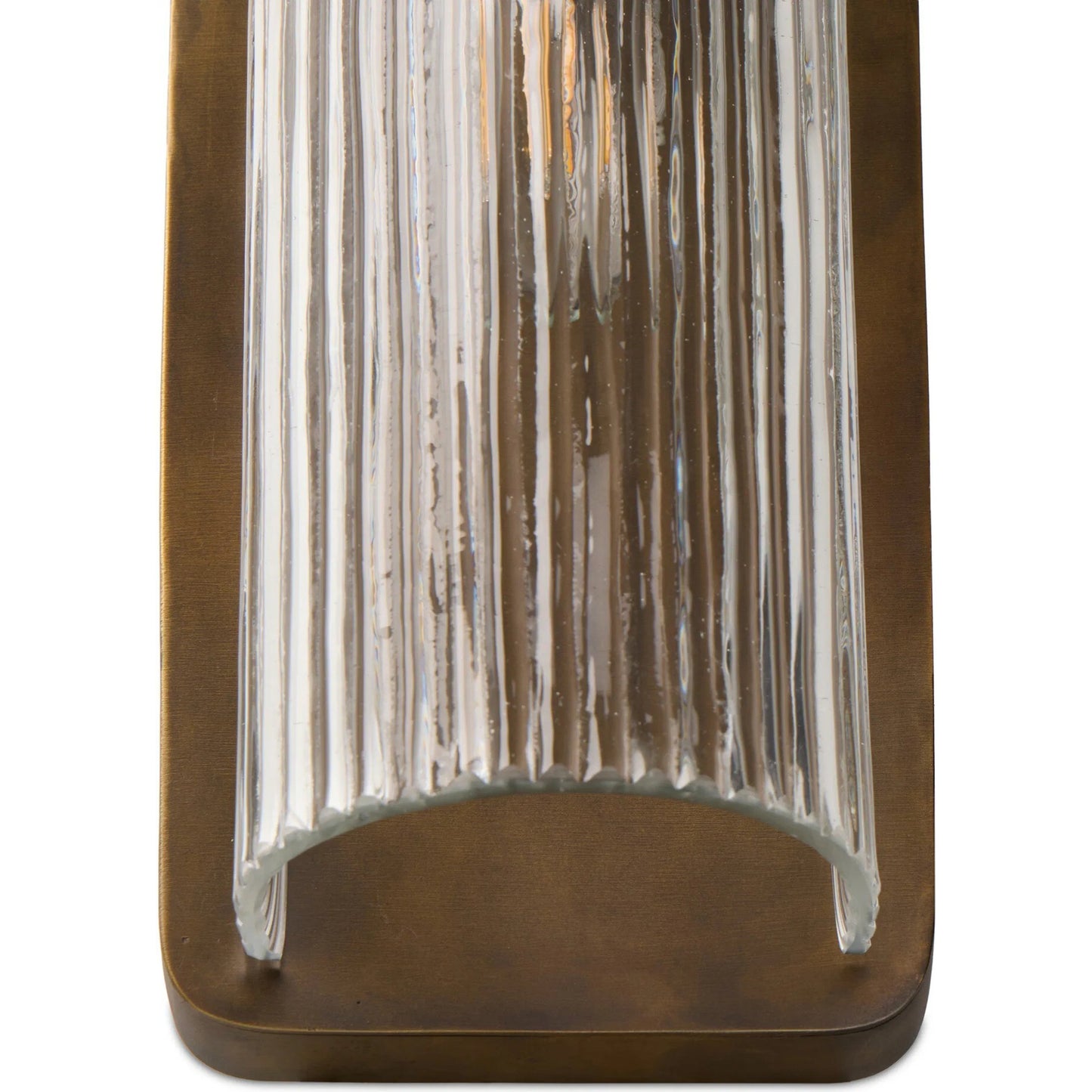 004 SI-2446595 | Closeup | Kenji Sconce by Four Hands in clear reeded glass, burnished brass iron, clear cord. Made from glass, iron, thermoplastic in a traditional style.