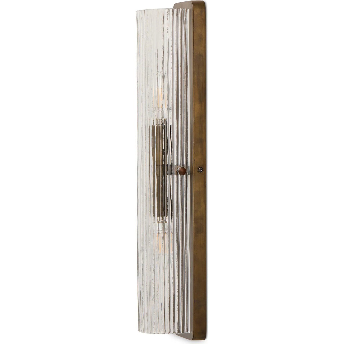 006 SI-2446595 | Closeup | Kenji Sconce by Four Hands in clear reeded glass, burnished brass iron, clear cord. Made from glass, iron, thermoplastic in a traditional style.