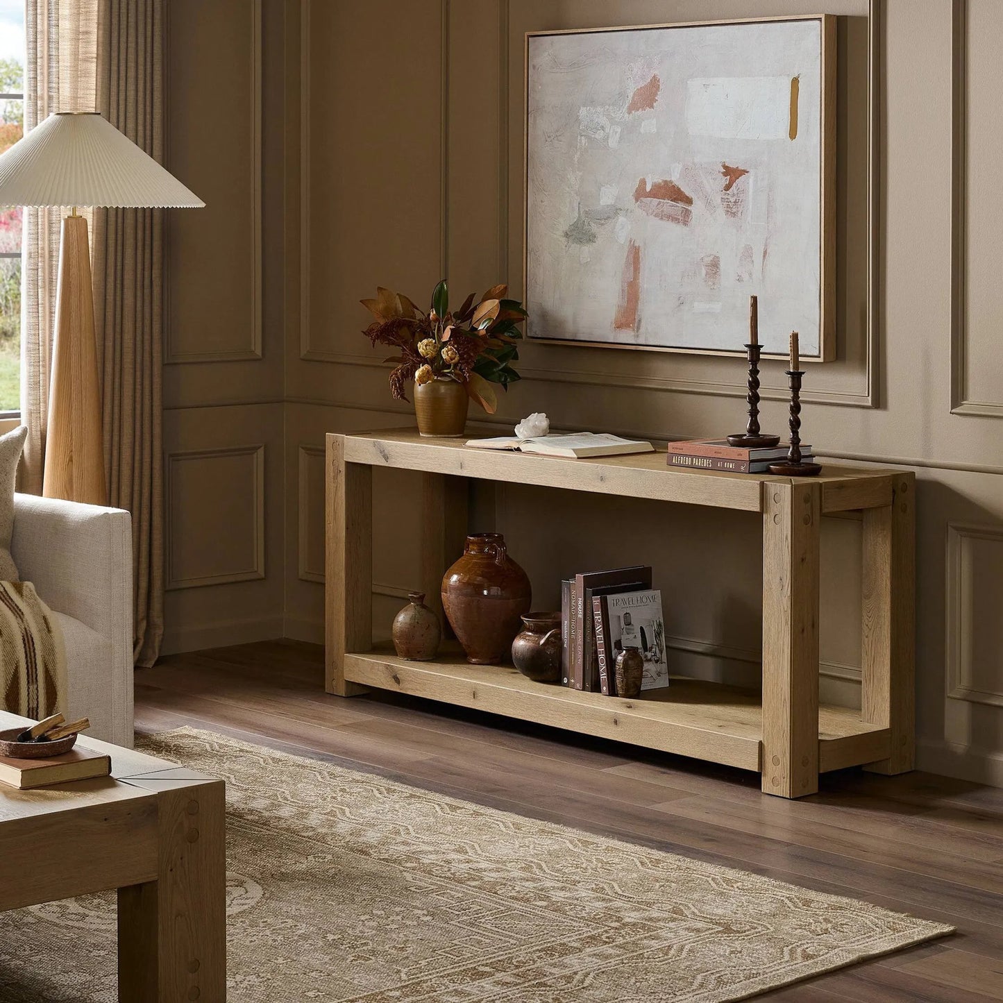 011 SI-2446544 | Lifestyle | Emmer Console Table by Four Hands in aged smoked oak, aged smoked oak veneer. Made from solid oak, thick oak veneer in a transitional style.