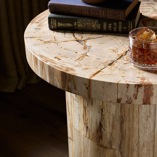 Aida End Table by Four Hands in light petrified wood. Made from petrified wood in a cottage & farmhouse style.