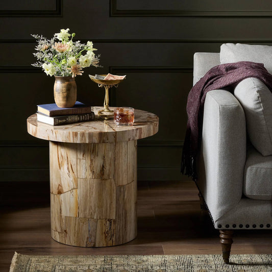 Aida End Table by Four Hands in light petrified wood. Made from petrified wood in a cottage & farmhouse style.