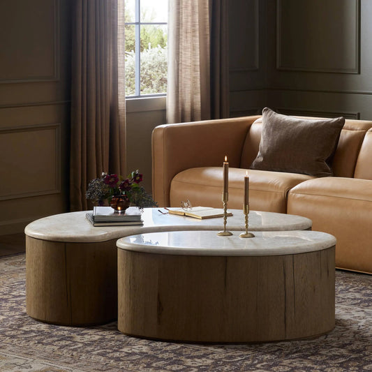 Ingrid Coffee Table by Four Hands in cappuccino marble, drifted oak veneer. Made from solid marble, thick oak veneer, solid oak in a transitional style.