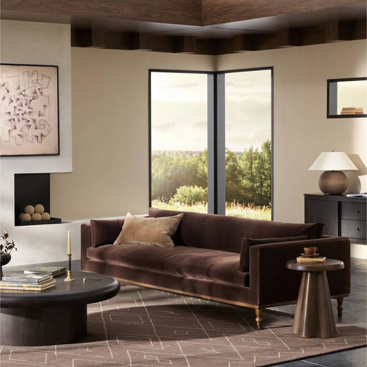 Harlin Sofa-96" by Four Hands in surrey cocoa, brushed brass, terra brown oak. Made from 76.8% cotton, 23.2% polyester, iron, solid oak in a modern style.