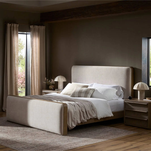 Pierce Bed by Four Hands in holland sand, drifted oak. Made from 80% recycled polyester, 20% polyester, solid oak in a transitional style.