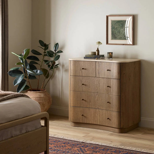 Boa Chest by Four Hands in sandy mindi veneer. Made from mindi veneer, solid mindi in a transitional style.