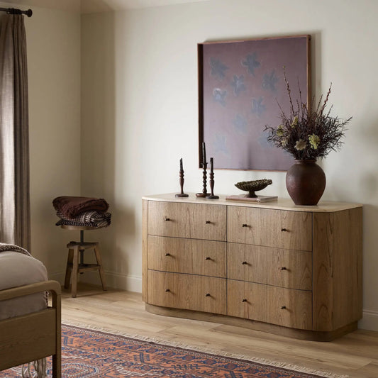 Boa 6 Drawer Dresser by Four Hands in sandy mindi veneer. Made from mindi veneer, solid mindi in a transitional style.