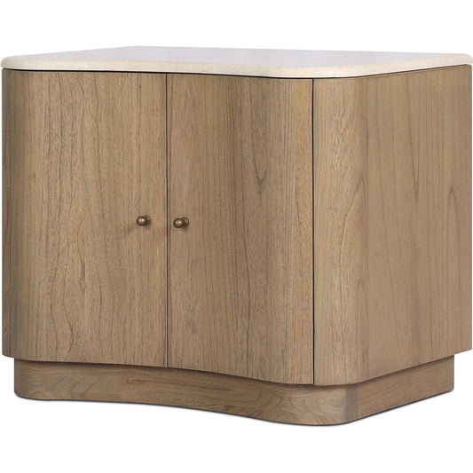 Boa Nightstand by Four Hands in cream marble, sandy mindi veneer. Made from solid marble, mindi veneer, solid mindi in a transitional style.