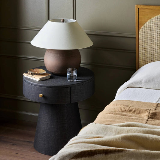 Chiro Nightstand by Four Hands. Made from painted linen, steel in a transitional style.