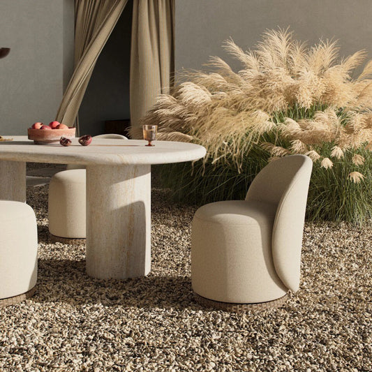 Quaid Outdoor Upholstered Dining Chair by Four Hands in alessi buff, faux dark hyacinth. Made from 100% polypropylene, 100% polyethylene in a unique style.