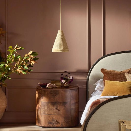 Riata Pendant by Four Hands in aged brass, light raffia, black cord. Made from unique in a rustic style.