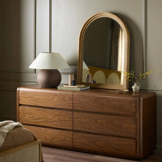 Belvin Wall Mirror by Four Hands in sandy nettlewood. Made from solid nettlewood, mirror in a transitional style.