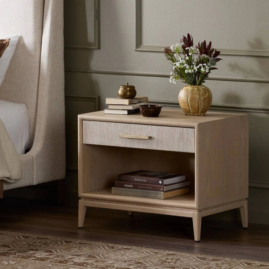 Rosenell Open Nightstand by Four Hands in natural oak veneer, natural paper cord, natural oak solid. Made from oak veneer, rush, solid oak in a unique style.