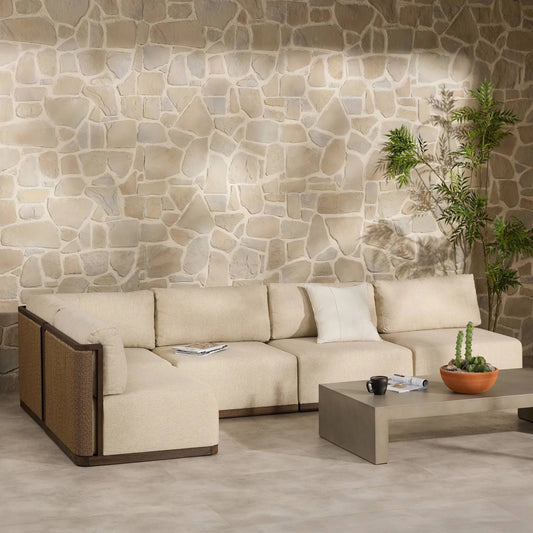 Brio Outdoor 5-Piece Sectional by Four Hands in ellor beige, stained saddle brown-fsc, twisted umber. Made from 100% olefin, solid fsc®-certified teak, 100% polyethylene in a transitional style.