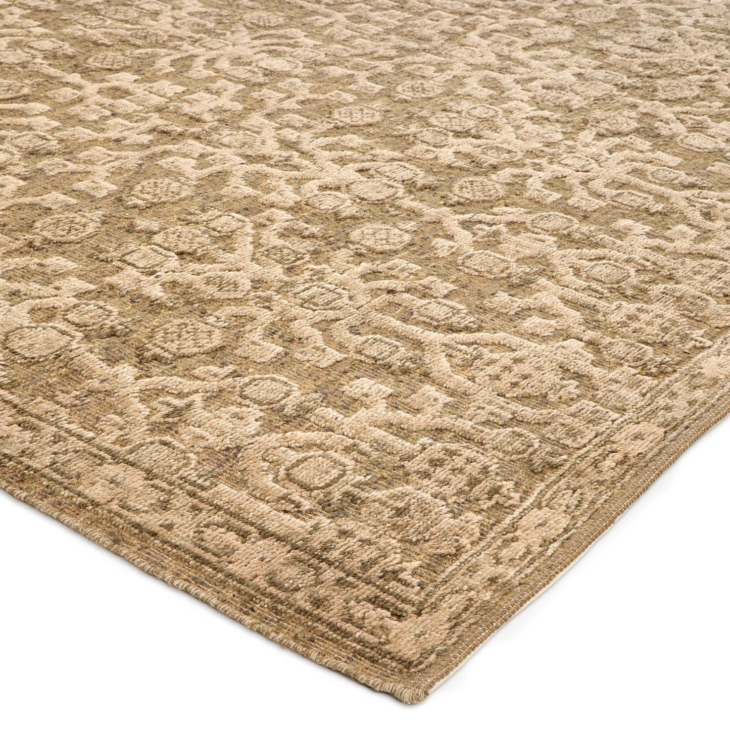 005 SI-2446620,SI-2446621,SI-2446622 | Closeup | Pacifica Hand-Knotted Rug by Four Hands in pacifica sage. Made from 68% wool, 23% jute, 5% cotton, 4% polyester in a unique style.