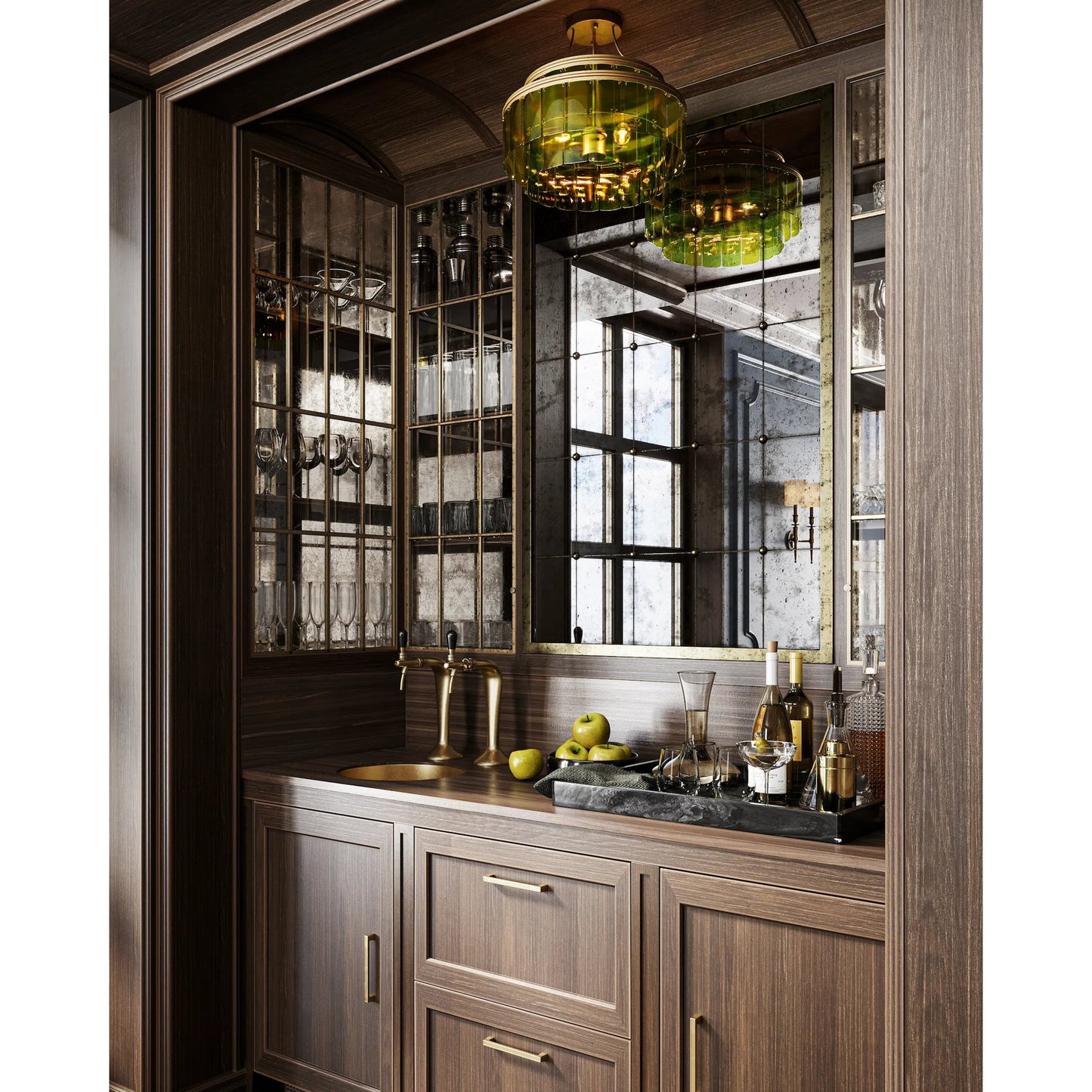 016 SI-1924234 | Lifestyle | Vintner Semi-Flush by Currey and Company in contemporary gold leaf, green. Made from wrought iron, recycled bottle glass in a modern style.