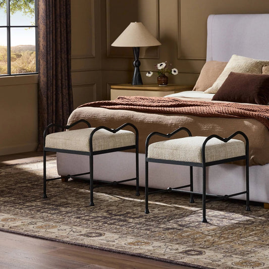 Leona Accent Stool by Four Hands in yuma cream, textured iron. Made from 96% polyester, 4% acrylic, iron in a transitional style.