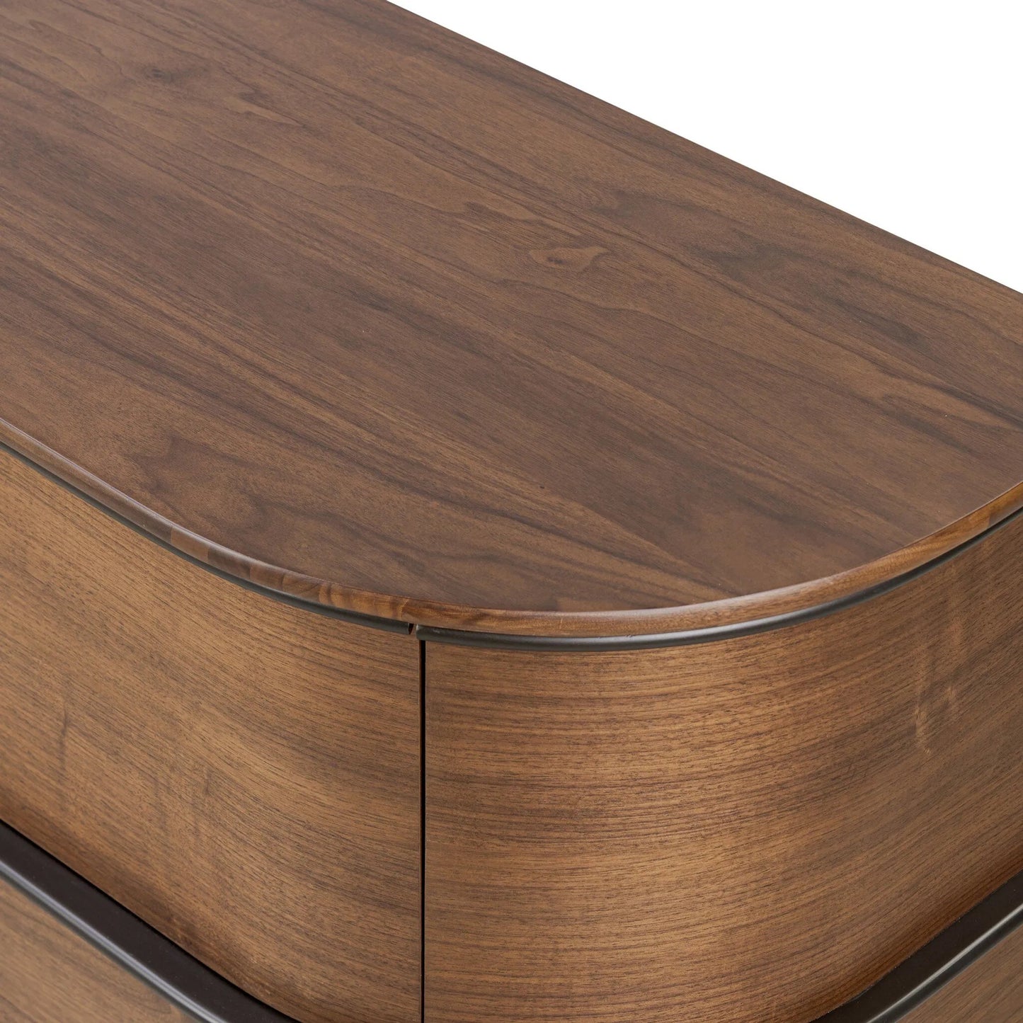009 SI-2446653 | Closeup | Theo Sideboard by Four Hands in dark brown walnut veneer. Made from walnut veneer, solid walnut in a unique style.