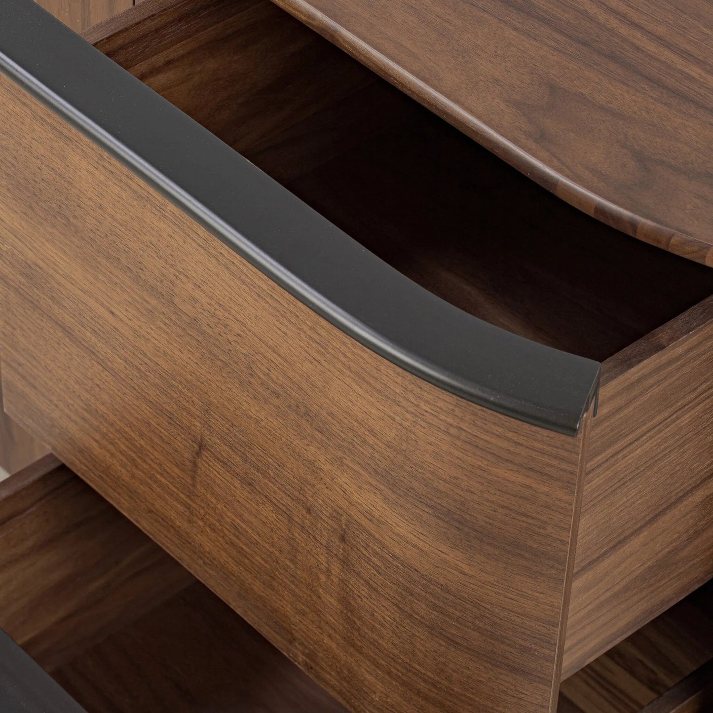 013 SI-2446653 | Closeup | Theo Sideboard by Four Hands in dark brown walnut veneer. Made from walnut veneer, solid walnut in a unique style.