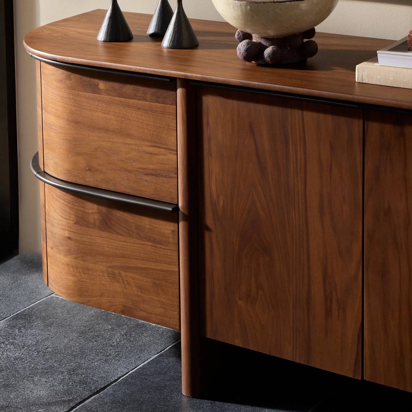 014 SI-2446653 | Closeup | Theo Sideboard by Four Hands in dark brown walnut veneer. Made from walnut veneer, solid walnut in a unique style.
