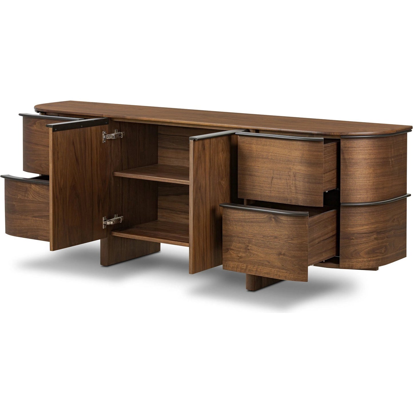 008 SI-2446653 | Closeup | Theo Sideboard by Four Hands in dark brown walnut veneer. Made from walnut veneer, solid walnut in a unique style.
