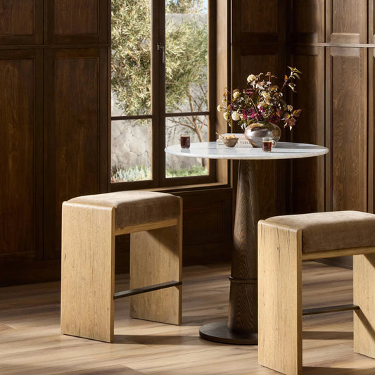 Nash Bar Stool by Four Hands in altair mushroom, drifted oak, drifted oak thick veneer. Made from 100% polyester, solid oak, thick oak veneer in a unique style.