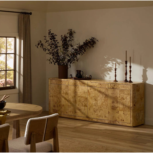 Mullins Sideboard by Four Hands in natural mappa burl. Made from poplar burl veneer in a modern style.