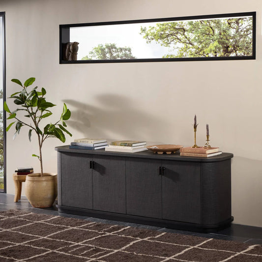 Berlin Media Console by Four Hands in black linen, black mahogany veneer. Made from painted linen, mahogany veneer in a transitional style.