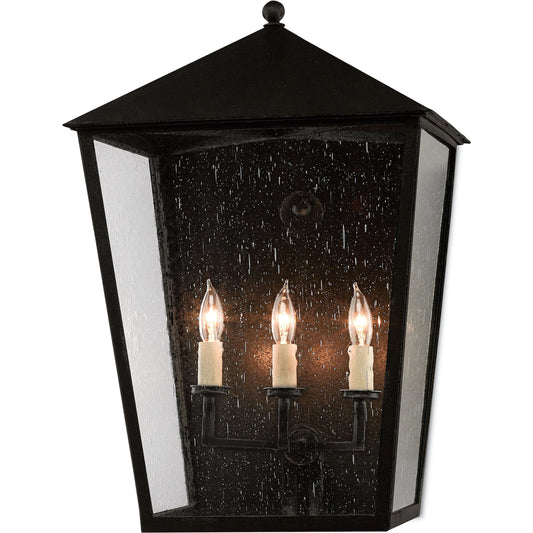Bening Outdoor Wall Sconce by Currey and Company in midnight (pure black). Made from wrought iron, glass in a traditional style.