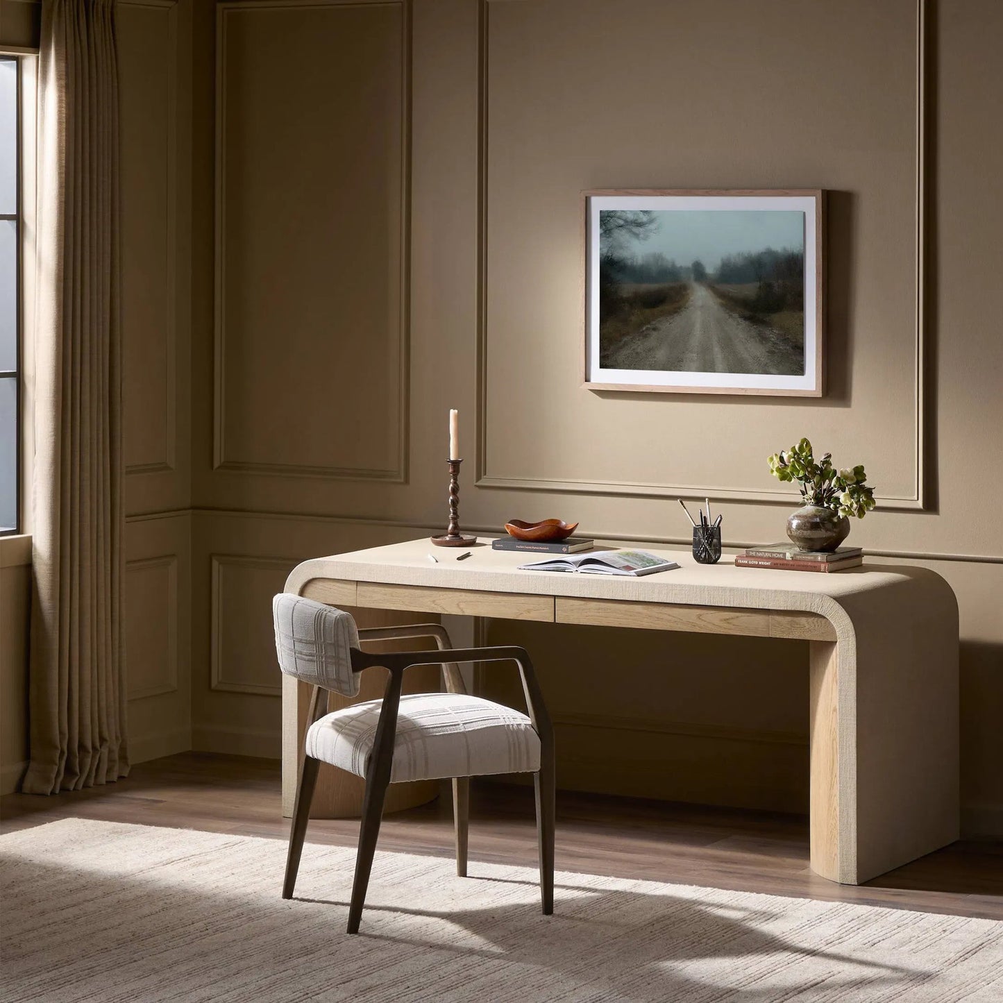 014 SI-2446584 | Lifestyle | Jane Desk by Four Hands in sandy oak veneer, beige painted linen. Made from oak veneer, painted linen in a transitional style.