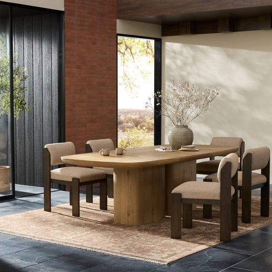 Barto Dining Table by Four Hands in aged smoked oak veneer. Made from thick oak veneer, solid oak in a transitional style.