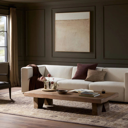 Reid Coffee Table by Four Hands in medium brown acacia. Made from solid acacia in a unique style.