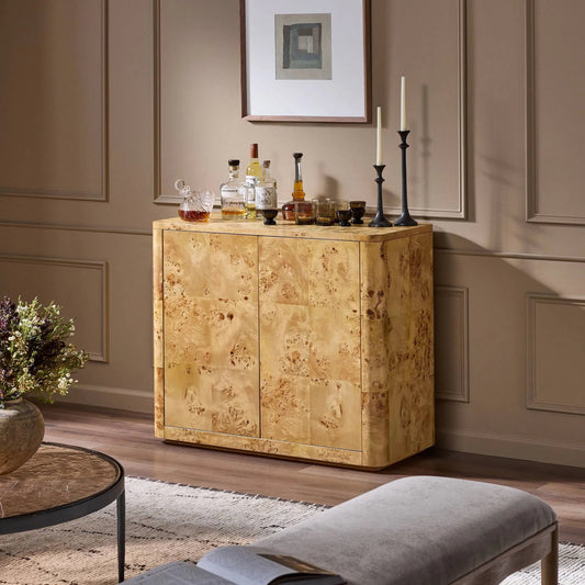 Mullins Small Cabinet by Four Hands in natural mappa burl. Made from poplar burl veneer in a modern style.