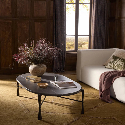 Rayna Coffee Table by Four Hands in grey italian marble, rubbed bronze. Made from solid marble, iron in a unique style.