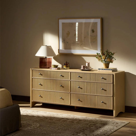 Hazel 6 Drawer Dresser by Four Hands in light wash oak, light wash oak veneer. Made from solid oak, thick oak veneer in a unique style.