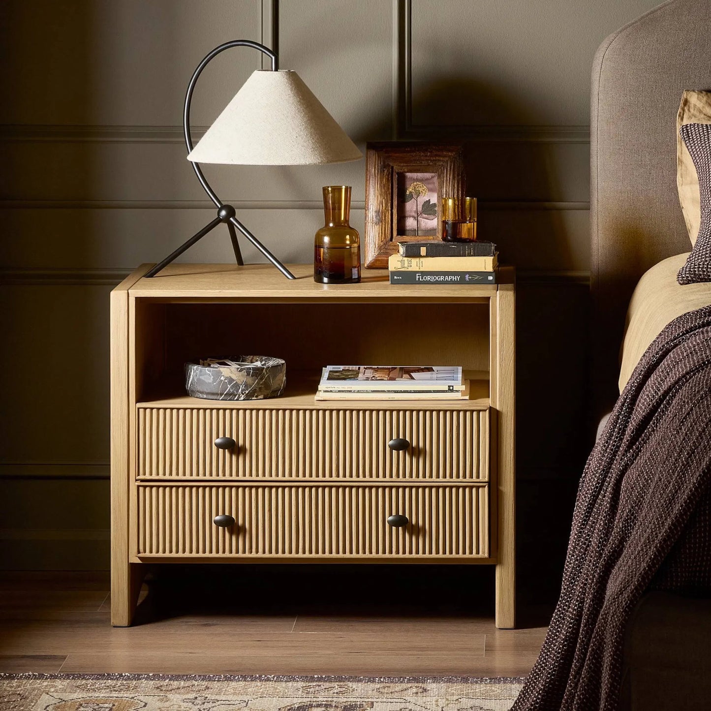 015 SI-2531632 | Lifestyle | Hazel Nightstand by Four Hands in light wash oak veneer. Made from thick oak veneer, solid oak in a unique style.