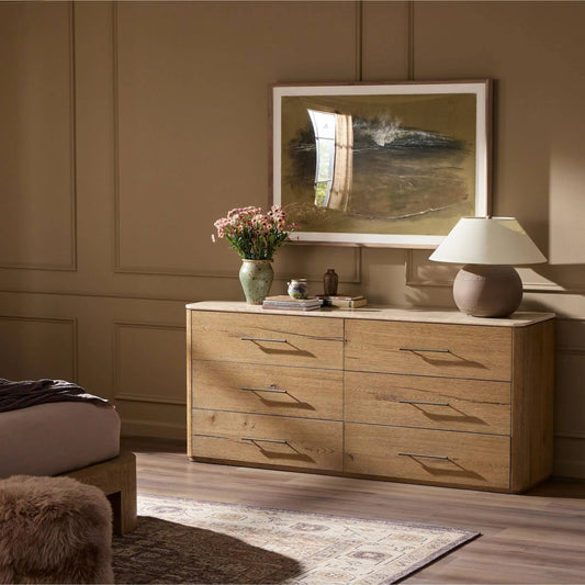 Raleigh 6 Drawer Dresser by Four Hands in worn oak veneer. Made from thick oak veneer, solid oak in a transitional style.
