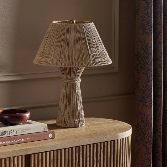 Nessa Table Lamp by Four Hands in antique brass iron, natural paper cord. Made from iron, rush in a rustic style.