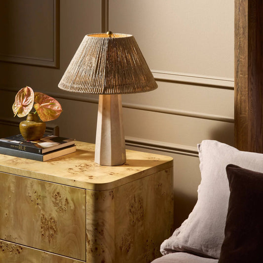 Astra Table Lamp by Four Hands in cream italian marble, antique brass iron. Made from solid marble, iron in a modern style.