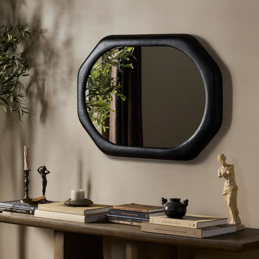 Brystol Wall Mirror by Four Hands in black antique. Made from aluminum, mirror in a unique style.