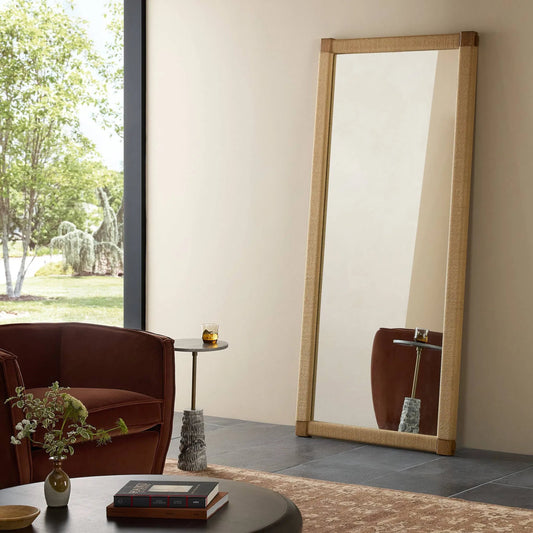Janey Mirror by Four Hands in fawn oak, natural paper cord. Made from solid oak, rush, glass in a transitional style.