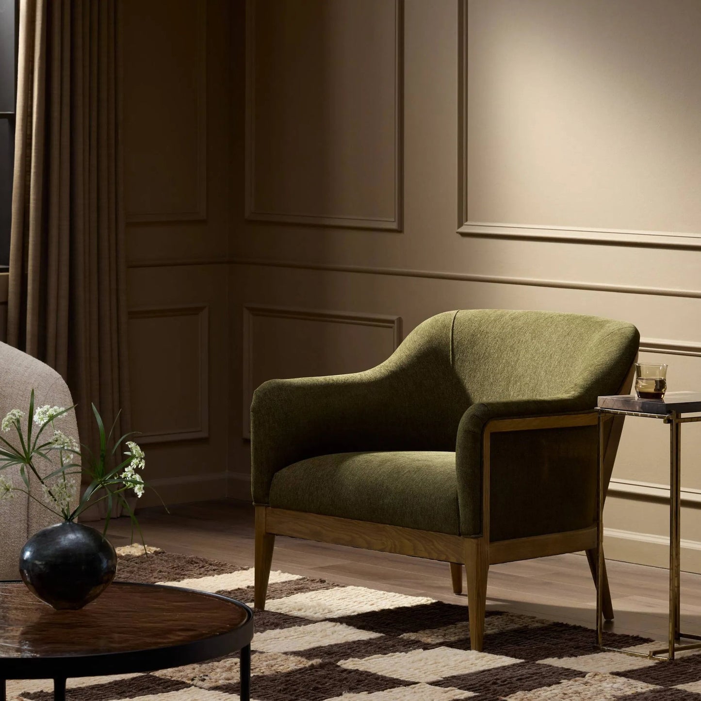 010 SI-2446534 | Lifestyle | Colston Chair by Four Hands in sutton olive, toasted ash solid. Made from 100% polyester, solid ash in a modern style.