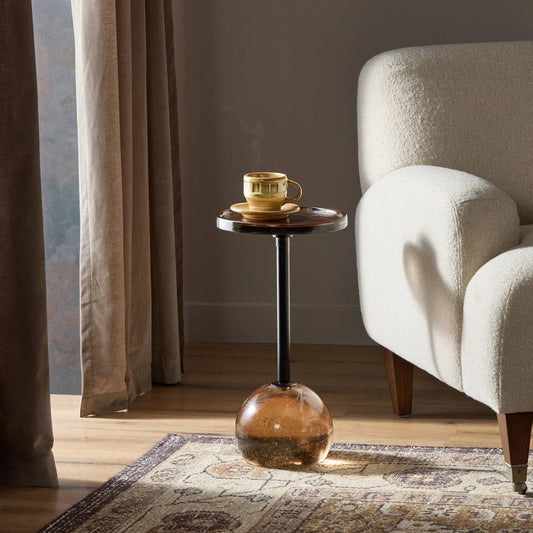 Viola Accent Table by Four Hands in smoked brown cast glass, iron matte black. Made from cast glass, iron in a unique style.