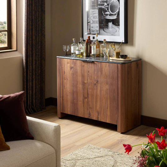 Tatum Small Cabinet by Four Hands in walnut natural, walnut natural poplar, black marble. Made from solid walnut, solid poplar, solid marble in a unique style.