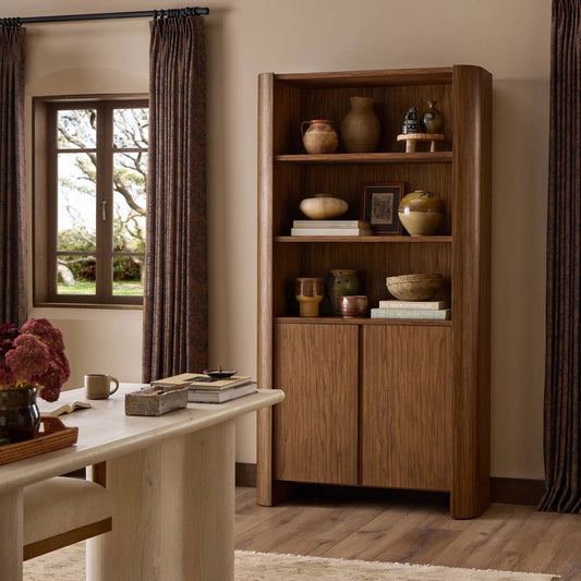 Limba Bookcase by Four Hands in medium brown limba. Made from limba veneer in a unique style.